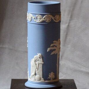 Vintage Wedgewood Blue & White Jasperware Cylinder Vase Neo-classical Motifs